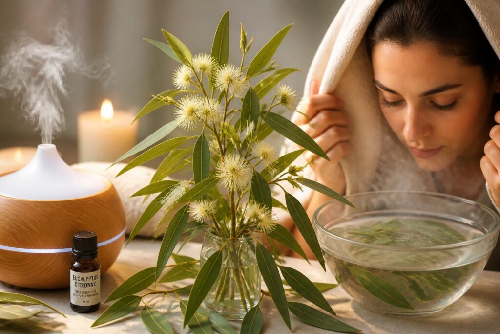 découvrez les bienfaits de l'eucalyptus citronné, ses utilisations en inhalation et en diffusion pour purifier l'air et soulager les voies respiratoires.