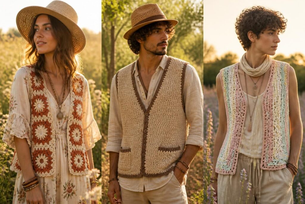 découvrez notre sélection de gilets bohème chic pour femme et homme, incluant des modèles sans manches en crochet alliant confort et élégance naturelle.