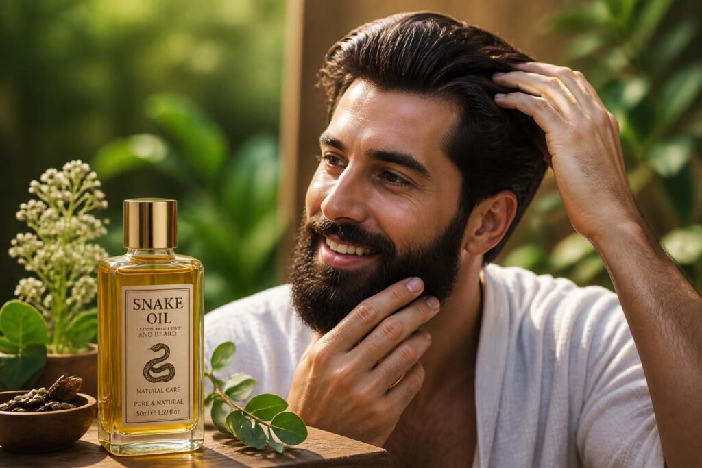 découvrez les bienfaits de l'huile de serpent pour nourrir, fortifier et embellir vos cheveux et votre barbe naturellement.
